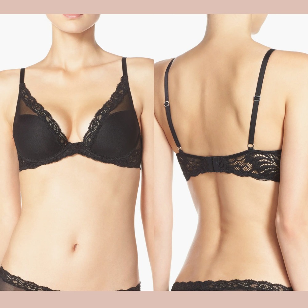NEW‎ $72 NATORI [ 30DDD US ] Feathers Plunge Mesh Bra in Black U1639